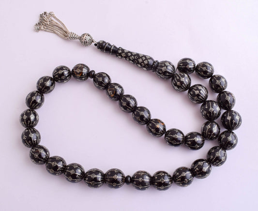 Prayer Beads Islamic Yusr Black coral/ Handmade silver nails-يسر