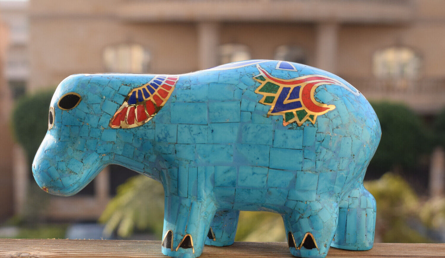 Egyptian Hippo Hippopotami Statue-Blue inlay-Collectible-Revival - 7.5"