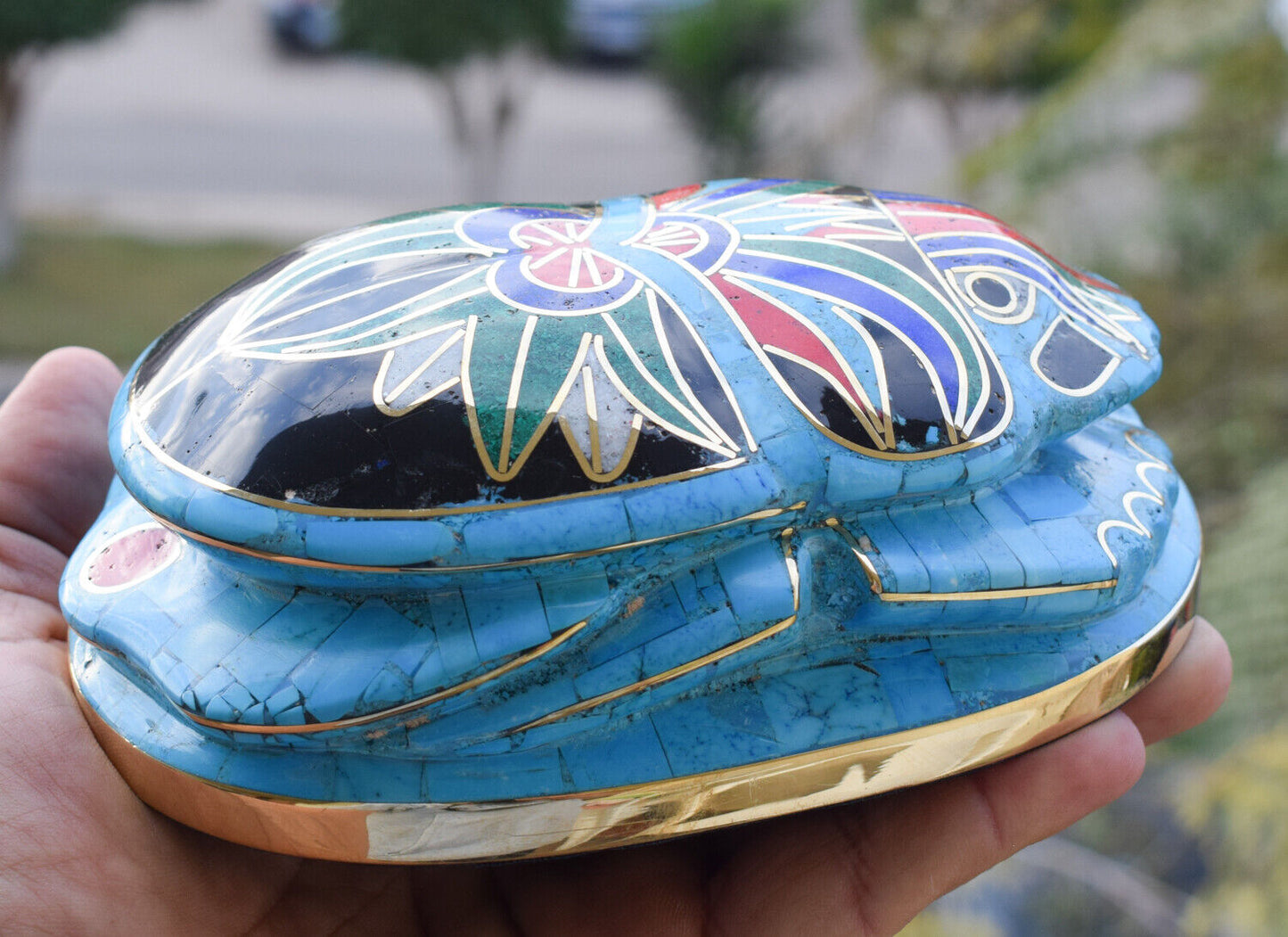 Egyptian large Scarab Beetle Statue-Blue inlay-Collectible-Revival - 6.3"