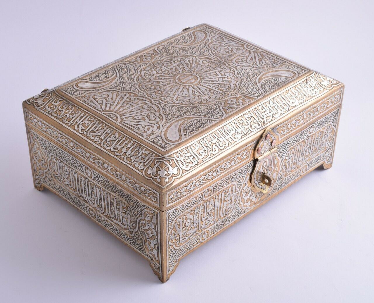 Islamic revival-Mamluk silver inlaid Jewelry - Quran Koran brass Box-Cairo ware