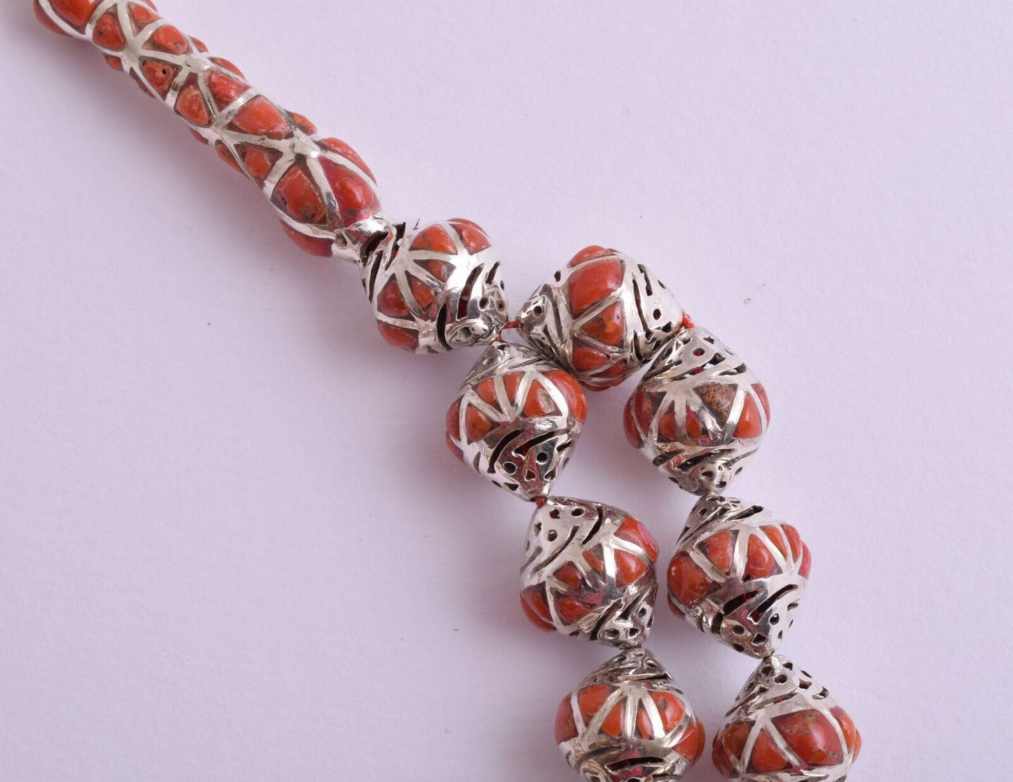 Red Coral & sterling silver Islamic raised inlaid prayer beads,muslim Tasbih