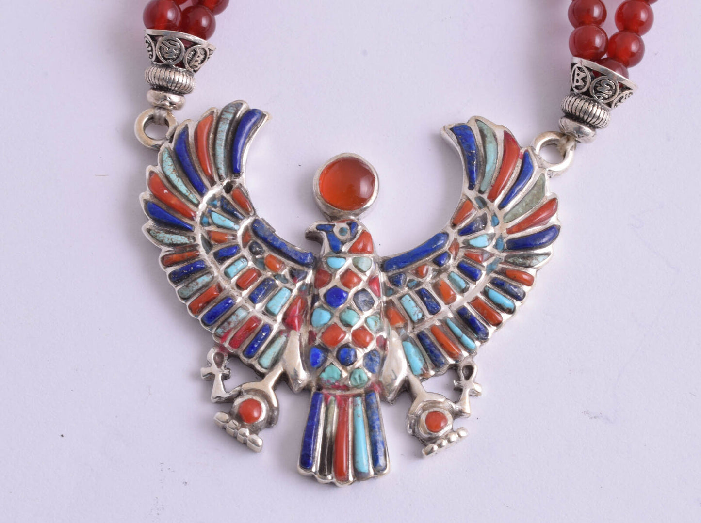 Horus Egyptian Silver Pendant Necklace, Turquoise, red coral , lapis Lazuli