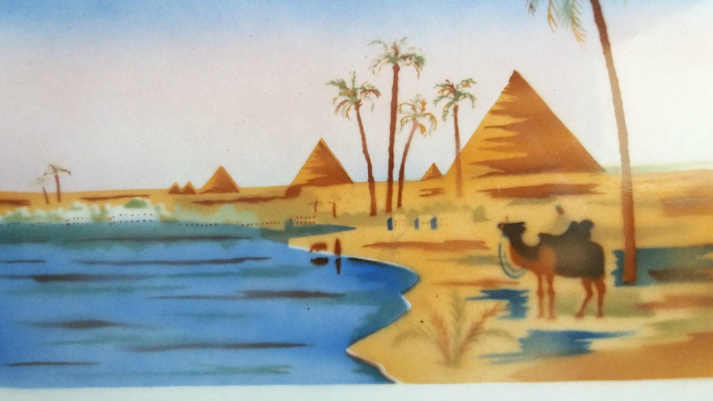 very Rare Vintage Porcelain Egyptian Pyramids camel desert scene serving Tray