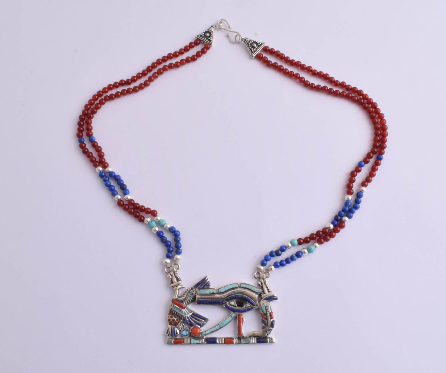 Eye of Horus Egyptian Silver Pendant Necklace,Turquoise, red coral, lapis lazuli