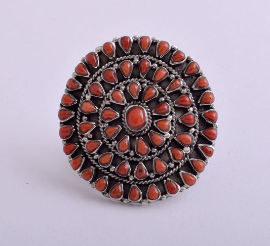 Narturla Italina Red Coral sterling silver Cluster Large Ethnic Ring-40 gram