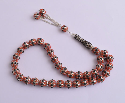 Red & Black Coral & sterling silver Islamic inlaid prayer beads,muslim Tasbih