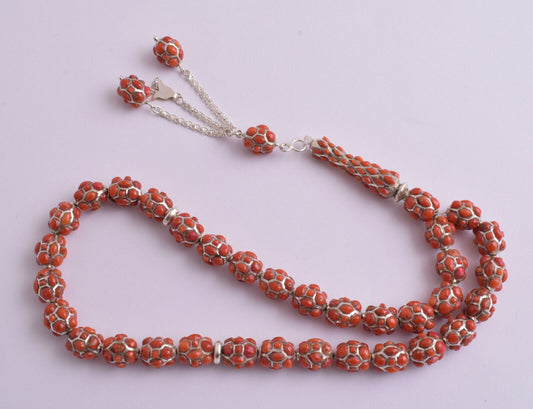 Red Coral & sterling silver Islamic raised inlaid prayer beads,muslim Tasbih