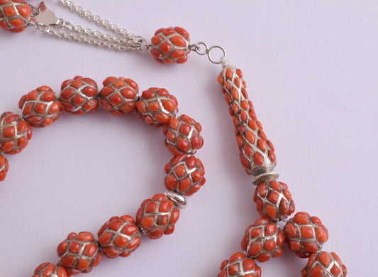 Red Coral & sterling silver Islamic raised inlaid prayer beads,muslim Tasbih