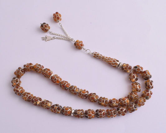 Amber sterling silver Islamic inlaid prayer beads,muslim Kahraman Tasbih